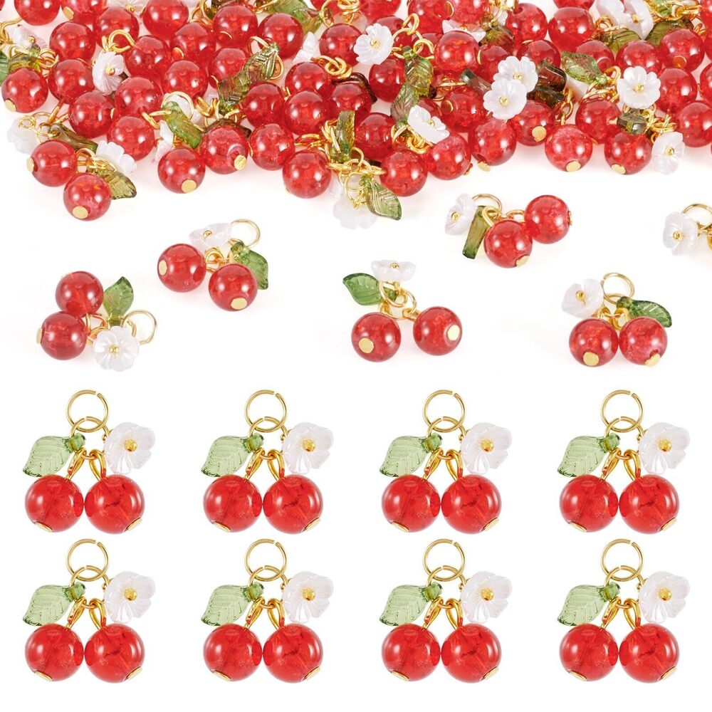 3053 Beadthoven 40pcs Glass Red Cherry Charms Pendants Golden Cute Crystal
